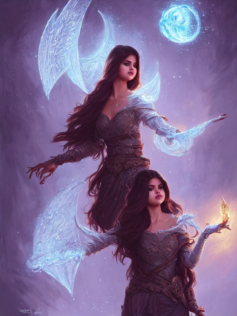 Selena Gomez casting an frost spell, D&D, fantasy, intricate, elegant, highly detailed, digital painting, artstation, concept art, matte, sharp focus, illustration, hearthstone, art by Artgerm and Greg Rutkowski and Alphonse Mucha