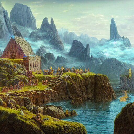 a beautiful and highly detailed matte painting of a colorful yet humble viking temple and fort built of large stones in the distance high in the most epic mountains ever, intricate details, epic scale, insanely complex, 8 k, sharp focus, hyperrealism, very realistic, by caspar friedrich, greg rutowski, james gurney, hudson river school 