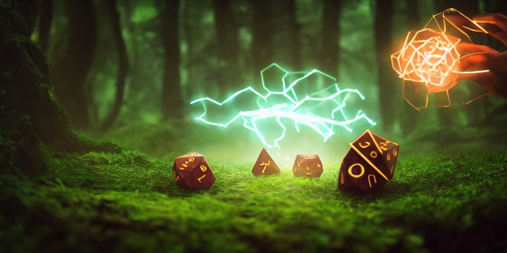 magic : the gathering art of a mythical forest god rolling a d 6 dice, glowing energy, fantasy magic, by willian murai and jason chan, sharp focus, cinematic, rule of thirds, foresthour 