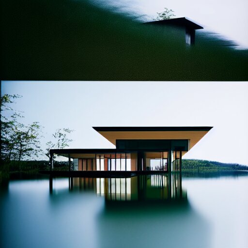 modern house on the lake, artwork by tadao ando, mystic, melancholy, pinhole analogue photo quality, lomography, blur, unfocus, cinematic, foil effect, holographic effect 