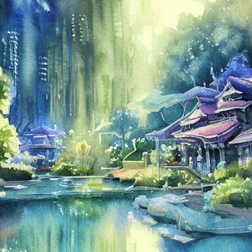 Beautiful happy picturesque charming sci-fi town in harmony with nature. Beautiful light. Water and plants. Nice colour scheme, soft warm colour. Beautiful detailed watercolor by Lurid. (2022)