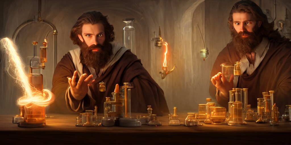 a handsome bearded caucasian male sorcerer with brown hair he is casting a spell with flowing energy, he is in a alchemist lab filled with beakers and equipment, neutral pose, epic composition, 4 k, light rays, super coherent, by dave melvin 1. 0 | dan luvisi 2. 0 | greg rutkowski 0. 5 