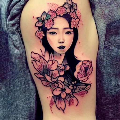 tattoo design, stencil, traditional, beautiful portrait of a Asian girl with flowers in her hair, upper body, by artgerm, artgerm, digital art, cat girl, sexy