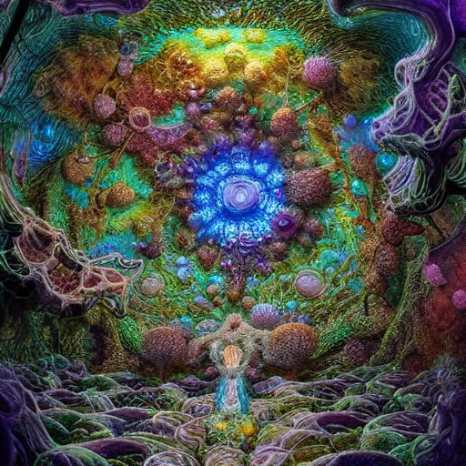 a polyphonic symphony of fungal bio - communications inside a surreal 3 d fractal temple made up of organic fungal mushroom and mycelium, bioluminescent surfaces, inspired by ernst haeckel & escher & peter mohrbacher & remedios varo & agostino arrivabene 