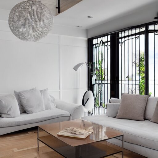 A modern living room with a beautiful white marble table between 2 white sofas ,on the left of the living room there are floor to ceiling glass window and on the right of the living room there are wooden stairs to the second floor, 8k resolution, professional interior design photograph