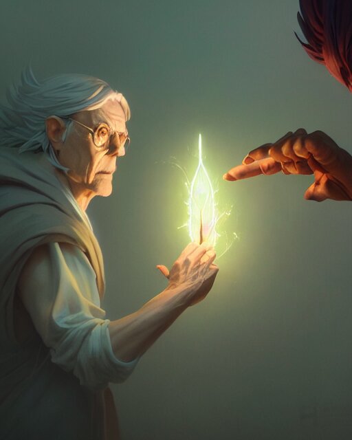 highly detailed vfx portrait of an old mage casting a light spell, unreal engine, greg rutkowski, loish, rhads, beeple, makoto shinkai and lois van baarle, ilya kuvshinov, rossdraws, tom bagshaw, alphonse mucha, global illumination, detailed and intricate environment 