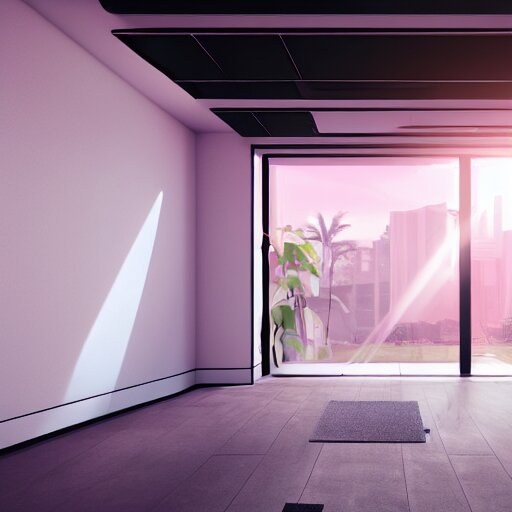 a white empty pink office with sun rays looming down, with a pool inside, dynamic lighting, photorealistic concept art, trending on art station, stunning visuals, creative, cinematic, ultra detailed, ray tracing 