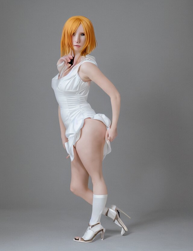 detailed studio photo of cute sexy emily skinner cosplaying annie leonhart wearing white dress, wearing open toe heels, pale skin, studio lighting, sharp focus, backlit, smooth, hard focus, full body shot, beautiful woman, most beautiful models, 4 k hdr, shot on nicon camera, beautiful soft skin, skin care, sony nicon iphone 1 3 pro max 