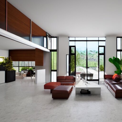 A modern living room with 2 sofas facing each other with a white marble table in the center, on the left side of the living room there is a floor to ceiling glass window while on the right side of the living room there are wooden stairs that lead to the second floor, 8k resolution