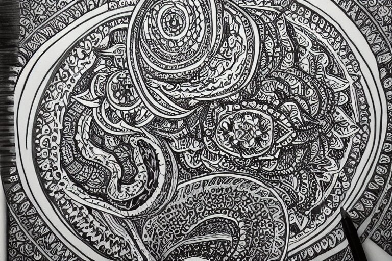 black and white sketch, mandala mandorla detailed design, intricate linework by junji ito