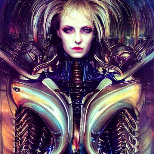 a full body beautiful woman wearing a cyberpunk outfit by karol bak, ayami kojima, artgerm, sakimichan, hr giger, blue eyes, weapons, electronics, high tech, concept art, fantasy 