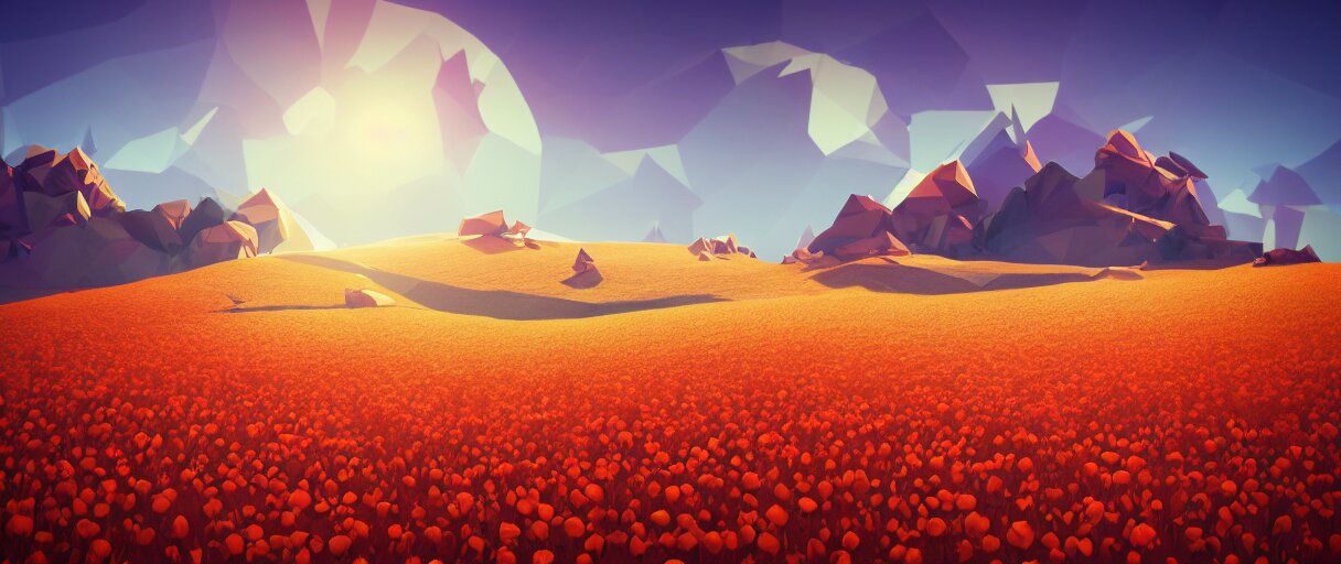 3 d render, mountain landscape, digital art, low poly art, minimalist, poppy, journey game, lowpoly landscape, particles floating, unreal engine, dreamy, brush strokes, bounce light, sunny, complementary palette, redsinski 