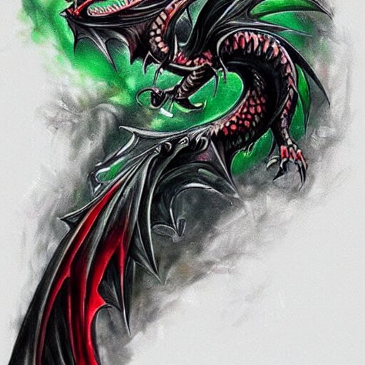 dark and vibrant fantasy dragon!!! drake wyvern, black and emerald dragon!!, forearm tattoo