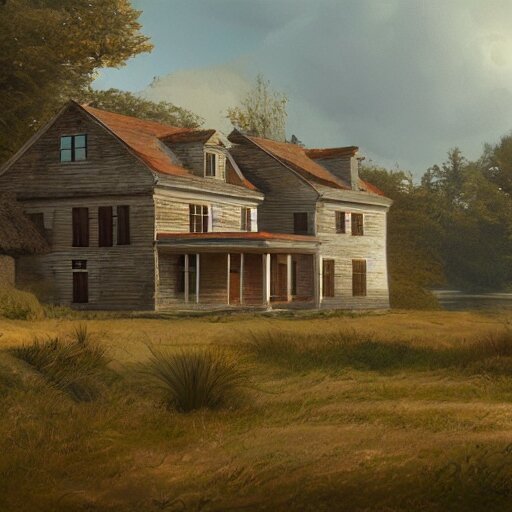 colonial house on the shore of Lake Huron, felix Kelly, artstation, Matte painting