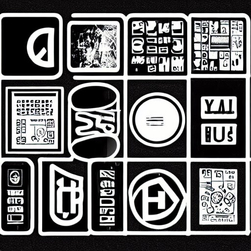 black on white graphic design stickers in style of eric hu, y 2 k, brutalism, acid, techno 