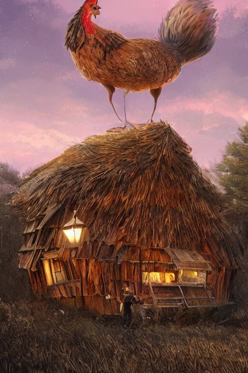 an awesome twilight day concept art of giant hen mixed with old hut, by kengo kuma and wes anderson with village, mixed development, cgsociety, fantastic realism, artstation hq 