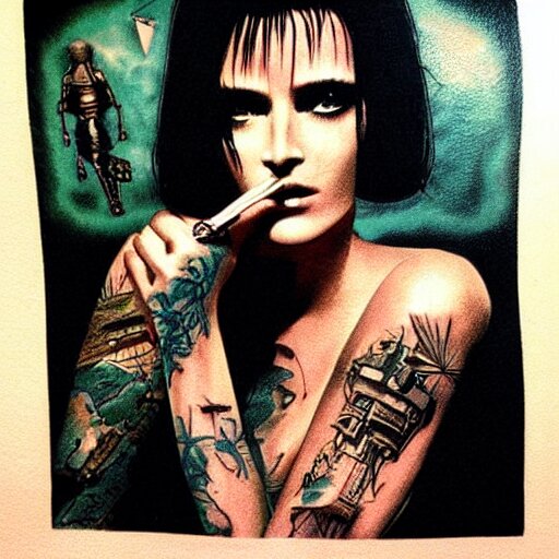 highly detailed tattoo of rachel smoking from blade runner 