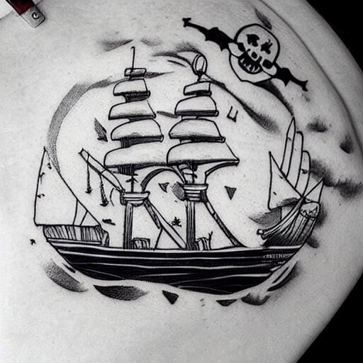 a pirate ship sailing in the sea, realism tattoo design, white paper background, by Matteo Pasqualin tattoo artist