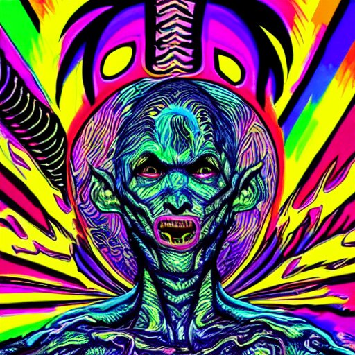 a psychedelic godlike humanoid, hyper detailed, in the style of rutkowski and junji ito and bob ross and lisa frank, selfie 