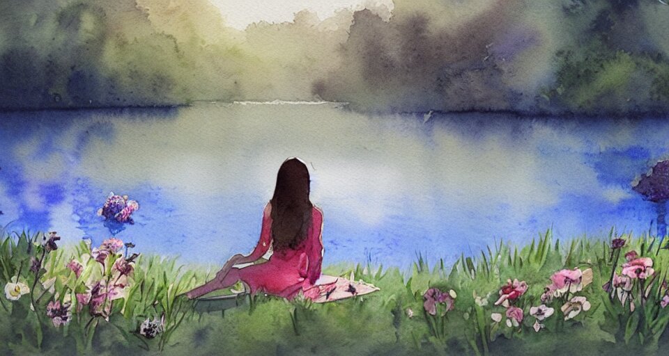 watercolor painting of flowers by the lake, dramatic lighting, peaceful, girl sitting, 