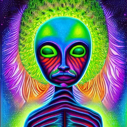 a digital painting close shot of an alien pondering into your soul, green trees in the background, alex grey, lisa frank, colorful, vibrant,