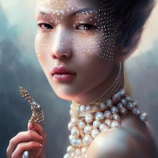 a beautiful portrait of a pearl goddess with glittering skin by greg rutkowski and raymond swanland, trending on artstation, ultra realistic digital art 