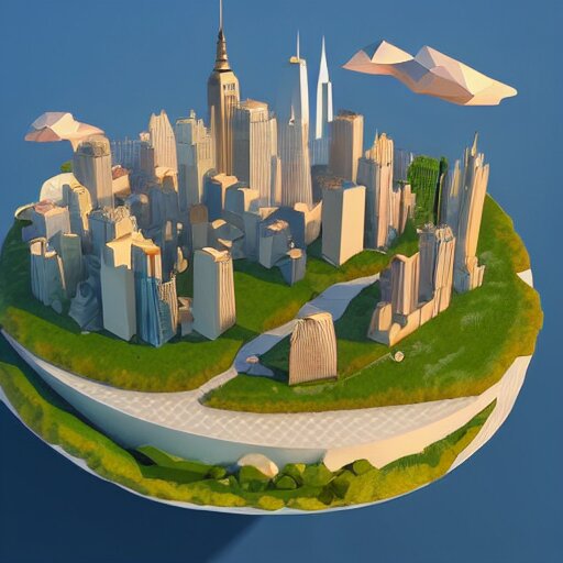 floating island with new york city in the sky, low poly, isometric art, 3d art, high detail, artstation, concept art, behance, ray tracing, smooth, sharp focus, ethereal lighting