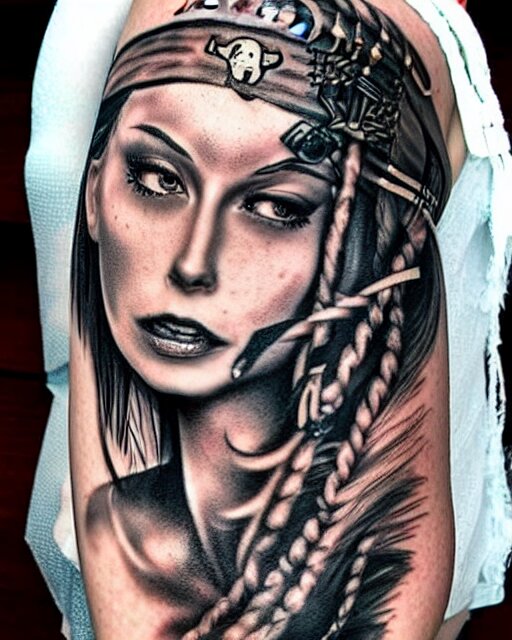 A beautiful woman warrior faded on a background of a beautiful pirate ship, realism tattoo drawing, hyper realistic, shaded