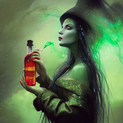 epic portrait an beautiful witch holding an potion bottle full of sparkling glitter liquid, green liquid, glowing, beautiful, goddess, glossy lips, sweaty skin, wet flowing long hair, witch hat, broad light, ambient occlusion, volumetric light effect, made by ivan aivazovsky, peter mohrbacher, greg rutkowski, matte painting, trending on artstation, 4 k, perfectly defined features, digital painting, 