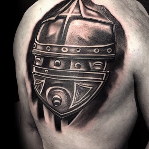 an up close gladiator with shield and sword, tattoo, tattoo art, Black and grey tattoo style,