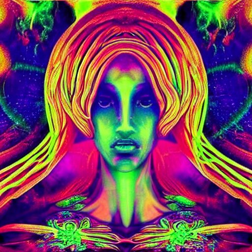 “photo of a beautiful extraterrestrial woman goddess, psychedelic, dmt, lsd, epiphany, fractals, alien forms, organic, acidic, acid, 8k”