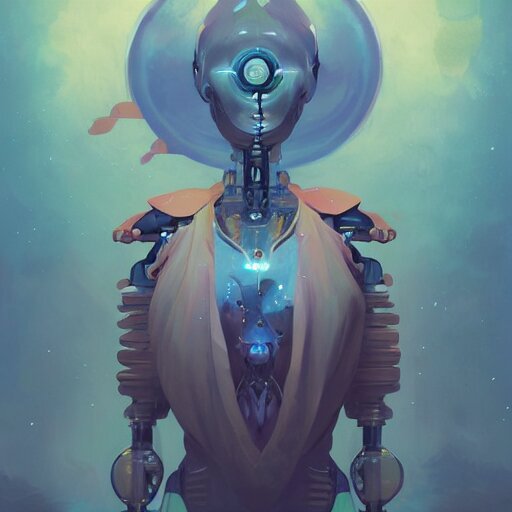 a beautiful illustration of a humanoid robot monk by pete mohrbacher and guweiz and josan gonzalez, graphic novel 