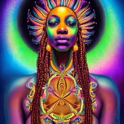 an extremely regal african queen with colorful dreadlocks and a glowing opal!!! in the center of her forehead, meditating in a magic mushroom zen garden, rainbow nebula clouds, by alex grey and afarin sajedi and amanda sage and android jones and agostino arrivabene and wayne barlowe in a psychedelic portrait style, surreal, afofuturism, afropunk, black art, ultrarealistic, rendered in cinema 4 d, volumetric lighting lighting, digital illustration, chakra, highly detailed, elegant, extremely ornate, fractal!, extremely symmetrical!!, highly detailed face, wide angle dynamic portrait, 8 k, hd. 