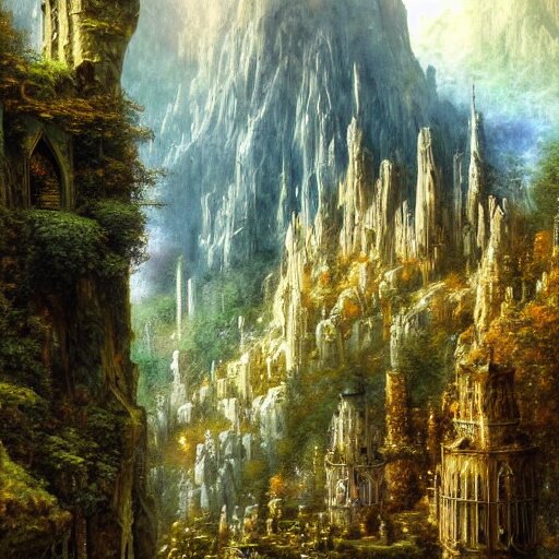 a beautiful and highly detailed epic oil painting of an elven city in the mountains, lush valley, beautiful trees, ancient stone runes, intricate details, epic scale, insanely complex, 8 k, sharp focus, hyperrealism, fantasy landscape, psychedelic, by caspar friedrich, brian froud, albert bierstadt, 