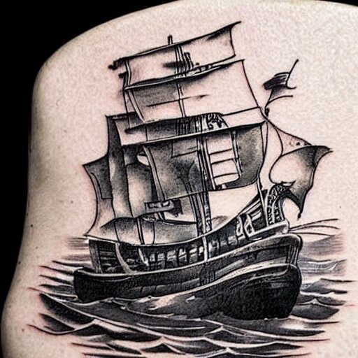 A pirate ship tattoo design in the design of Dmitriy Samohin