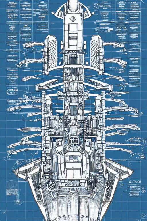 intricately detailed blueprint of a cruiser class spaceship by Jen Bartel and Dan Mumford and Satoshi Kon