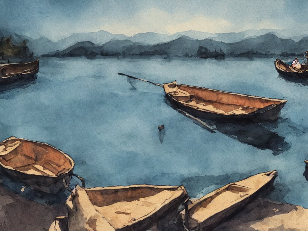 a boat is parked on the lake, there is only one person on the boat fishing, cinematic landscape ， natural light, ink painting 