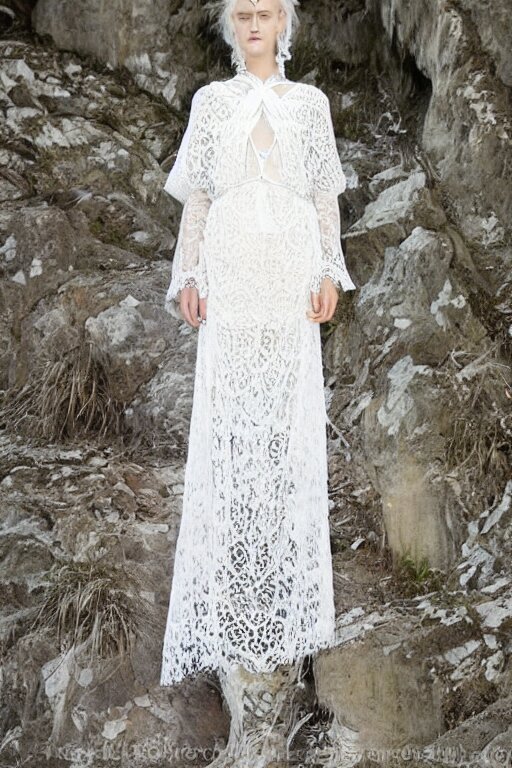 antediluvian crystal atlantean hyperborean avant garde fashion lace dress with natural pattern motifs, young white - blonde model, sharp focus, outdoors, godray lighting 