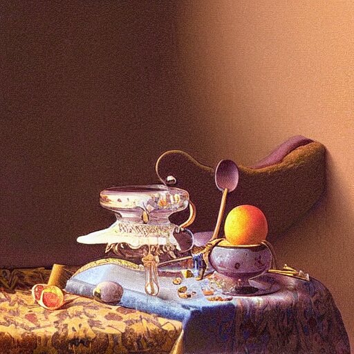 still life painting of a miniature tabletop castle under a glass dome, by paulette tavormina and vermeer, intense pastel colors, hyper realistic, detailed, beautiful bright lighting 