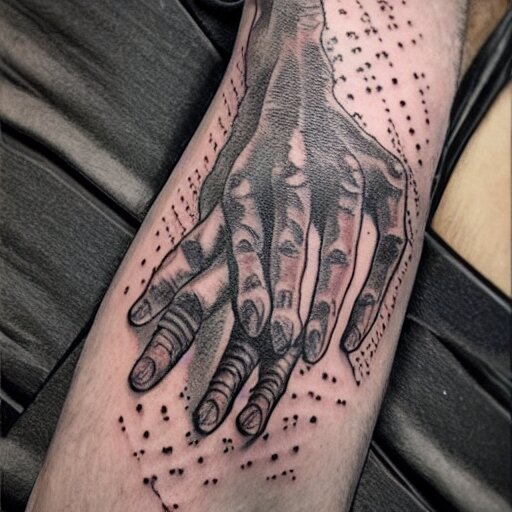 precisely drawn illustration of tattoo of seven fingered hand on upper arm, wide angle, sharp, fine details, french comic style, vibrant realistic colors, full color, heroic fantasy, intense line art, 8 k, precise linework, realistic, in the style of heavy metal comics and richard corben and moebius 