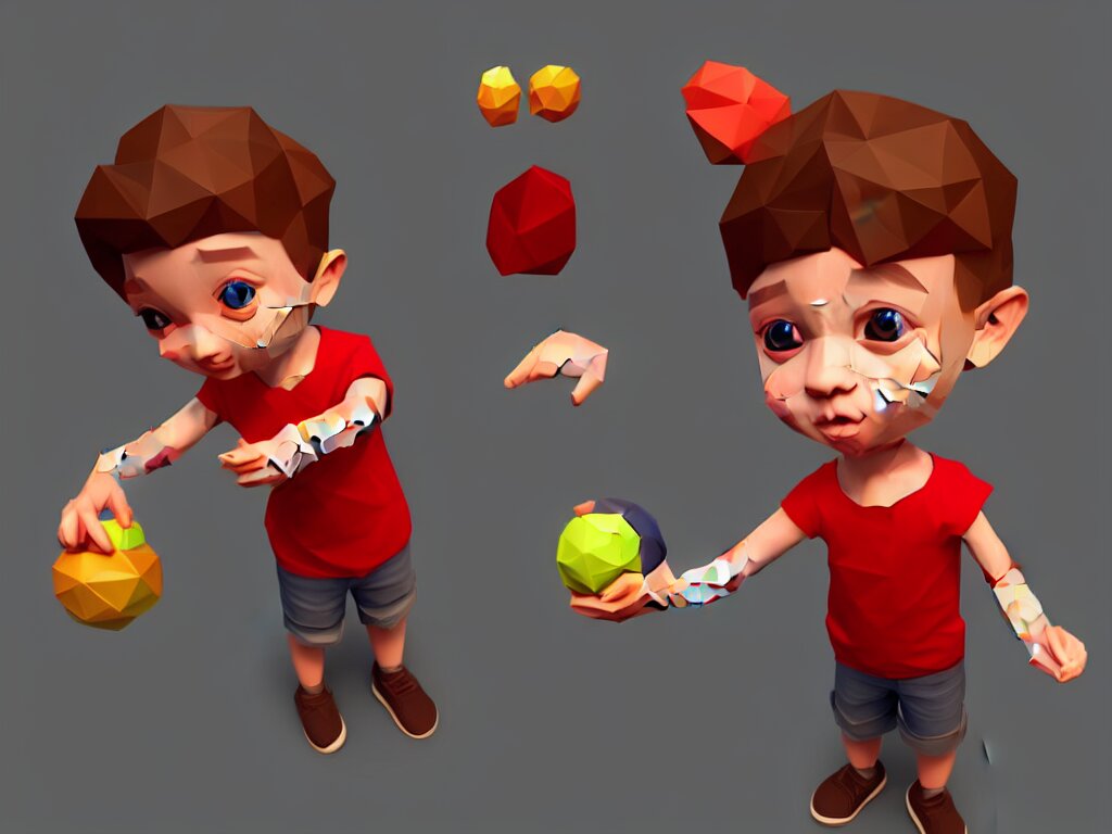 a young boy holding a toy, rolled up sleeves, character design, low poly, pinterest, 4 k 