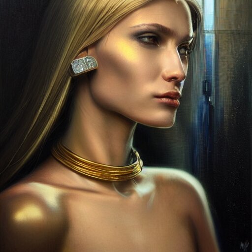 Facial portrait of a gorgeous cyberpunk girl, looking away from the camera, seductive smile, gold jewellery, elegant revealing intricate dress, sparkle in eyes, lips slightly parted, long flowing hair, no hands visible, diamonds, science fiction, delicate, teasing, arrogant, defiant, bored, mysterious, intricate, extremely detailed painting by Mark Brooks (and by Greg Rutkowski), visible brushstrokes, thick paint visible, no light reflecting off paint, vibrant colors, studio lighting