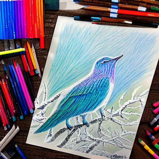  Colored pencil art on paper, Frost Spirit Bird, highly detailed, artstation, MasterPiece, Award-Winning, Caran d'Ache Luminance