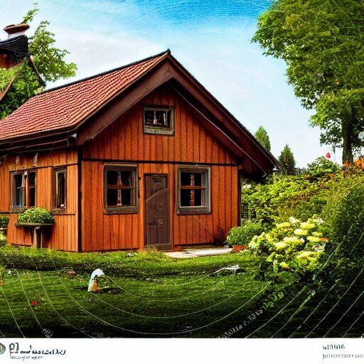 small wooden german garden house, brown, plastic roofed veranda with brown wood side fence, rembrandt style painting, extremely wide angle 