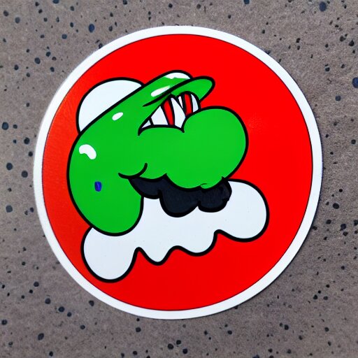 die cut sticker, yoshi wearing mario's mustache, splatter paint 