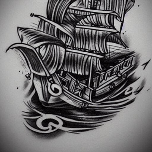 A pirate ship tattoo design in the style of Dmitriy Samohin, hyper realistic tattoo