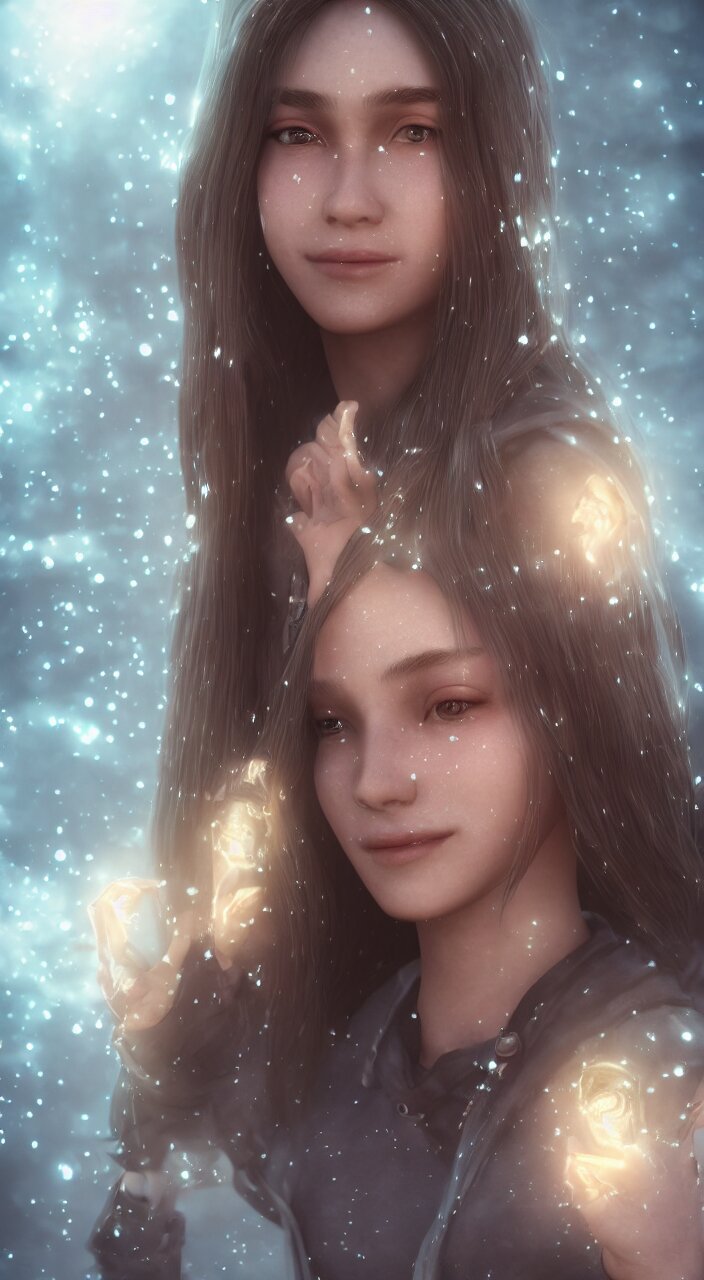 Teenage female Mage, outdoors lighting, astral background, symmetrical face and body, confident, smile, detailed moisture, detailed droplets, detailed intricate hair strands, DSLR, ray tracing reflections, eye reflections, focused, unreal engine 5, vfx, post processing, post production, Arcane Style, 8k