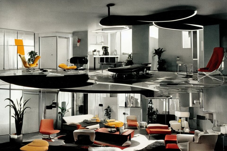 retro futuristic apartment with lighting design by kubrick moonbase style, 7 0 s hi fi system, funky furniture, house plants, modern art 