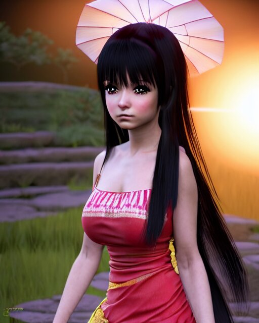 render as a very beautiful daz 3d anime manga girl, wearing assamese bihu mekhela sador gamosa dress, long shiny black hair, hazel eyes, full round face, short smile, assam landscape setting, sunny ambient diffused glow cinematic HDRI lighting, medium shot, mid-shot, highly detailed, daz studio genesis iray gorgeous, detailed  anatomically correct face!! anatomically correct hands!! amazing natural skin tone, ultra hd, trending on Artstation, Unreal Engine 4k, anime masterpiece, subsurface scattering