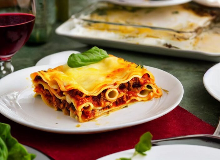 a mouth - watering image of a lasagne, with layers of pasta, vegetables, and a cheesy sauce. the lasagne is served with a side salad and a glass of red wine. the lasagne is served on a white plate with a green salad on the side. the tablecloth is red and there is a glass of red wine next to the plate. the lasagne is made with layers of pasta, vegetables, and a cheesy sauce. the top layer of pasta is golden brown and crispy. the lighting is soft and warm, making the lasagne look even more inviting 